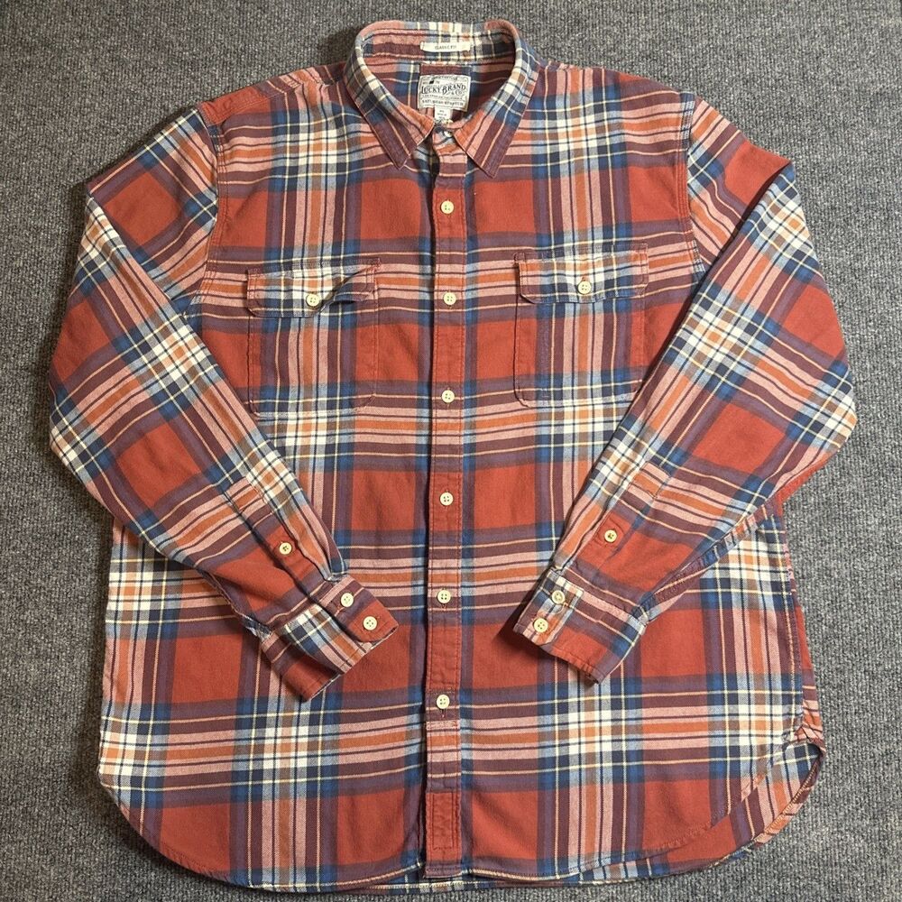 Lucky Brand Classic Fit Plaid Long Sleeve Button-Up Shirt Men's XL Red & Blue